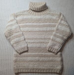 VTG Women's Large Ivory White Striped Chunky Knit Chenille Turtleneck Sweater